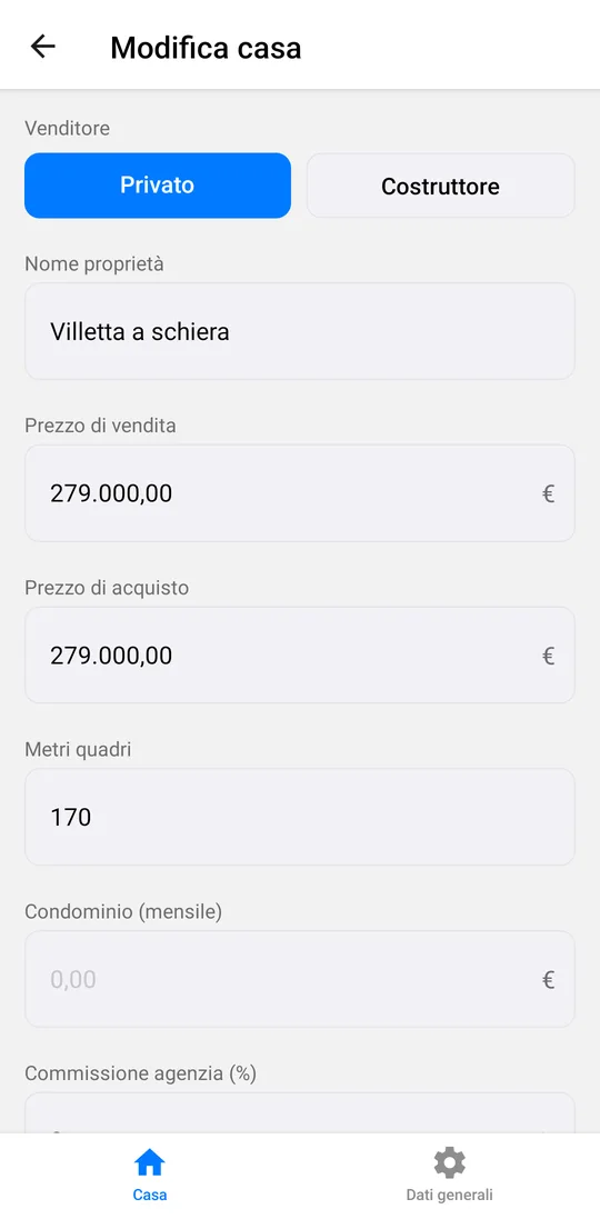 Schermata di modifica di una casa in Apc con venditore, prezzo, metri quadri e spese condominiali