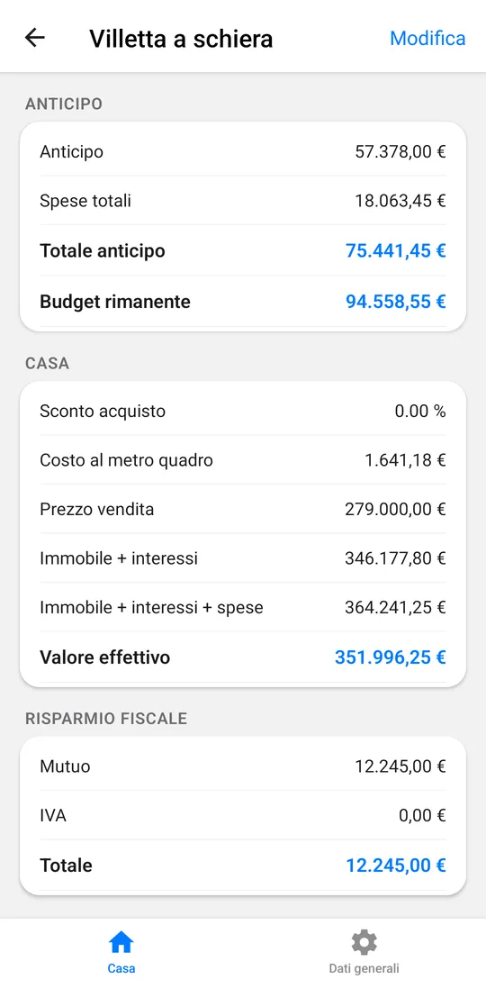 Schermata di Apc con il riepilogo di anticipo, spese totali, valore effettivo e risparmio fiscale di una villetta a schiera